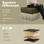 Hyfirm 22 Inch Square Green Ottoman with Fringe for Living Room, Plush Footstool Ottoman for for Bedroom, Modern Boho Upholstered Accent Pouf Ottomans Foot Rest