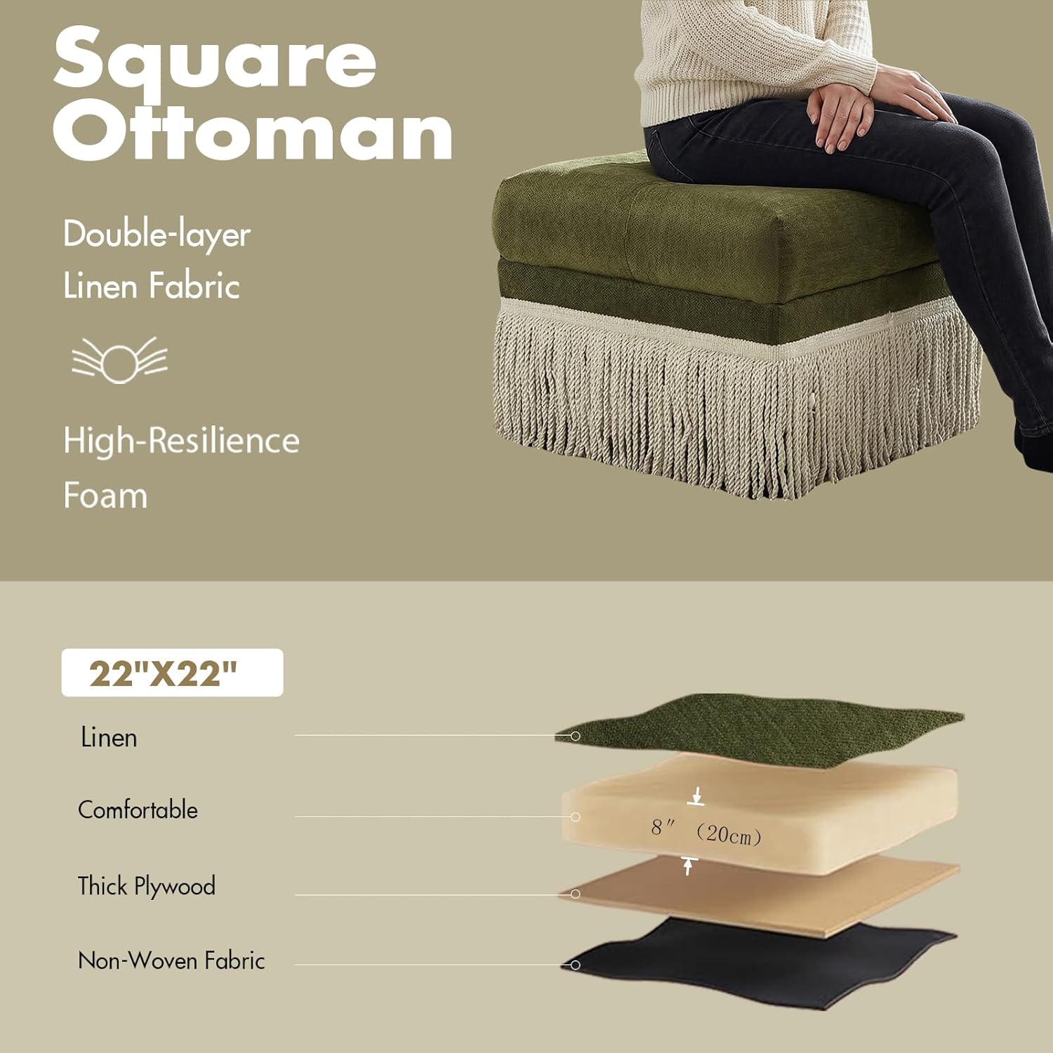 Hyfirm 22 Inch Square Green Ottoman with Fringe for Living Room, Plush Footstool Ottoman for for Bedroom, Modern Boho Upholstered Accent Pouf Ottomans Foot Rest