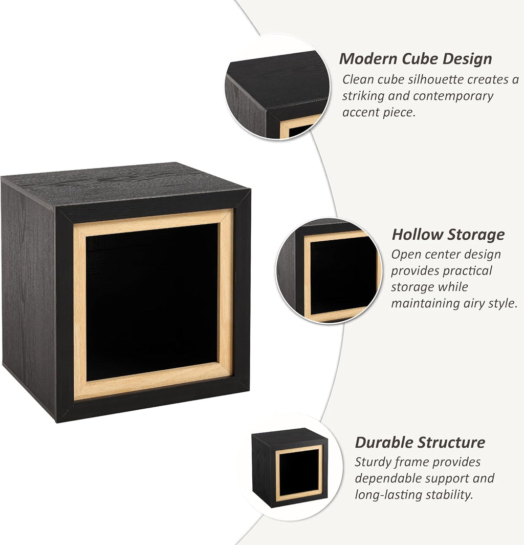 Aoikax Modern Cube End Table with Open Center Shelf, Geometric Wood Side Table with Hollow Storage, Minimalist Nightstand with Rectangular Shape for Living Room, Entryway, Office, Small Spaces, Black