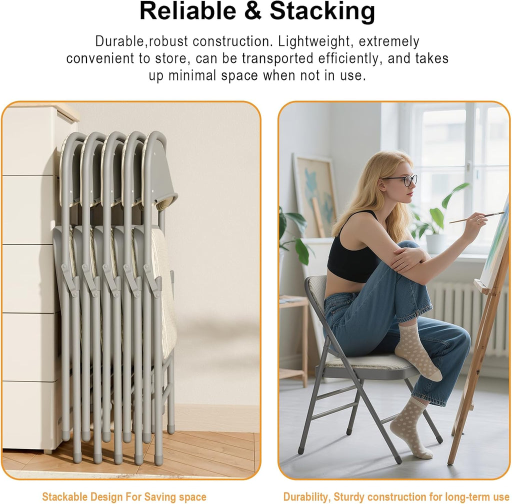 4 Pack Folding Chairs Fabric Dining Chair Set with Padded Cushion and Back, Indoor Outdoor Foldable Seat with Steel Frame for Home Office Events Wedding Party, Oatmeal Strip Seating