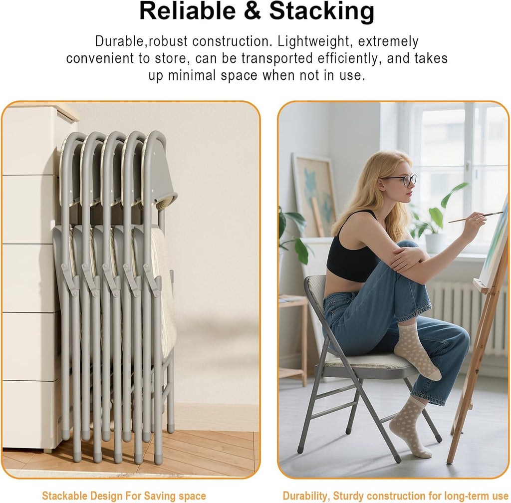 6 Pack Folding Chairs Fabric Dining Chair Set with Padded Cushion and Back, Indoor Outdoor Foldable Seat with Steel Frame for Home Office Events Wedding Party, Oatmeal Strip Seating