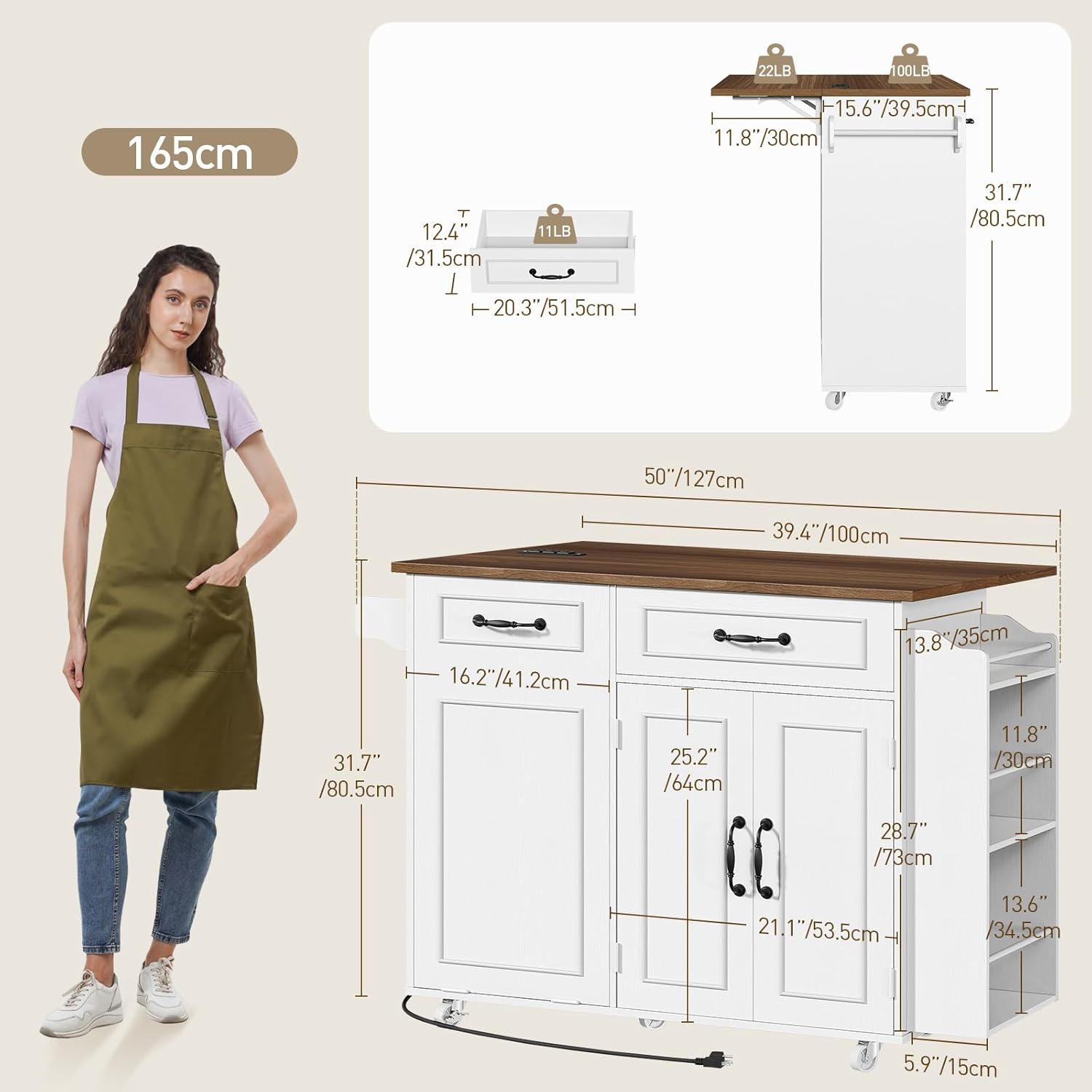 RALGEND Kitchen Island with Power Outlet & Drop Leaf, Mobile Rolling Cart with Trash Can Storage, 3-Tier Spice Rack, Island Table for Kitchen, Dining Room, White and Walnut