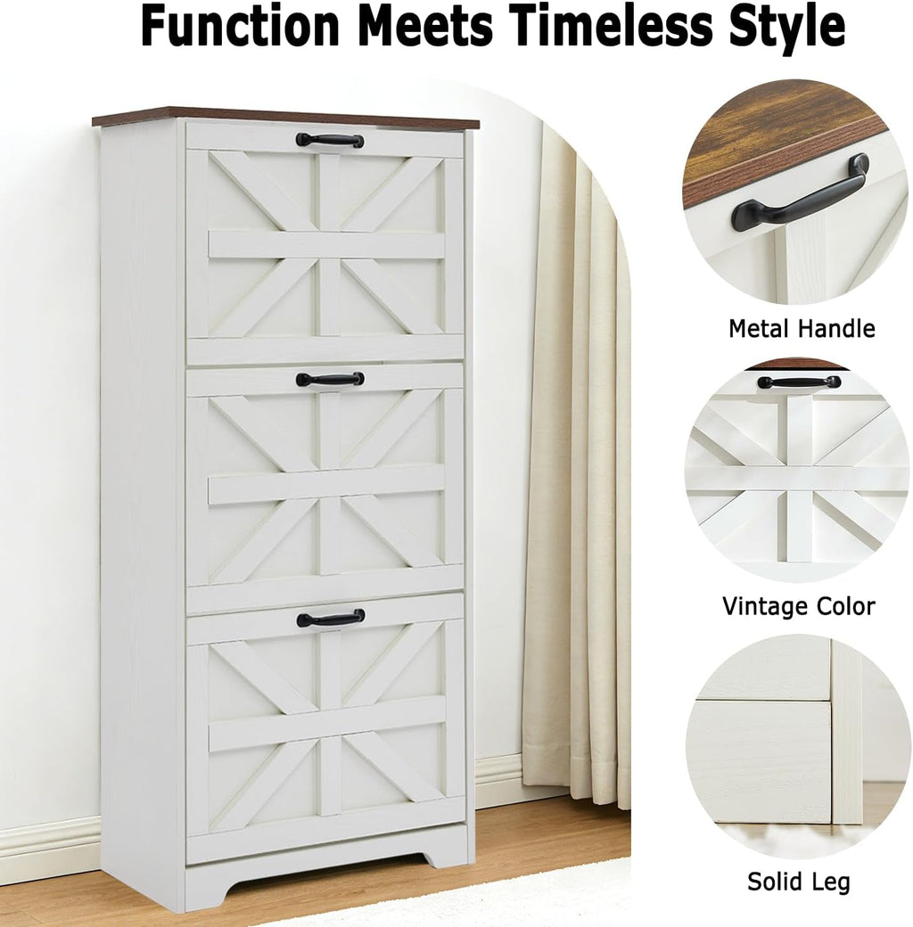 Shoe Storage Cabinet with Bench, Farmhouse Shoe Organizer with Barn Door Design, Space-Saving Hidden Narrow Shoe Rack Cabinet for Entryway, Hallway & Foyer, White