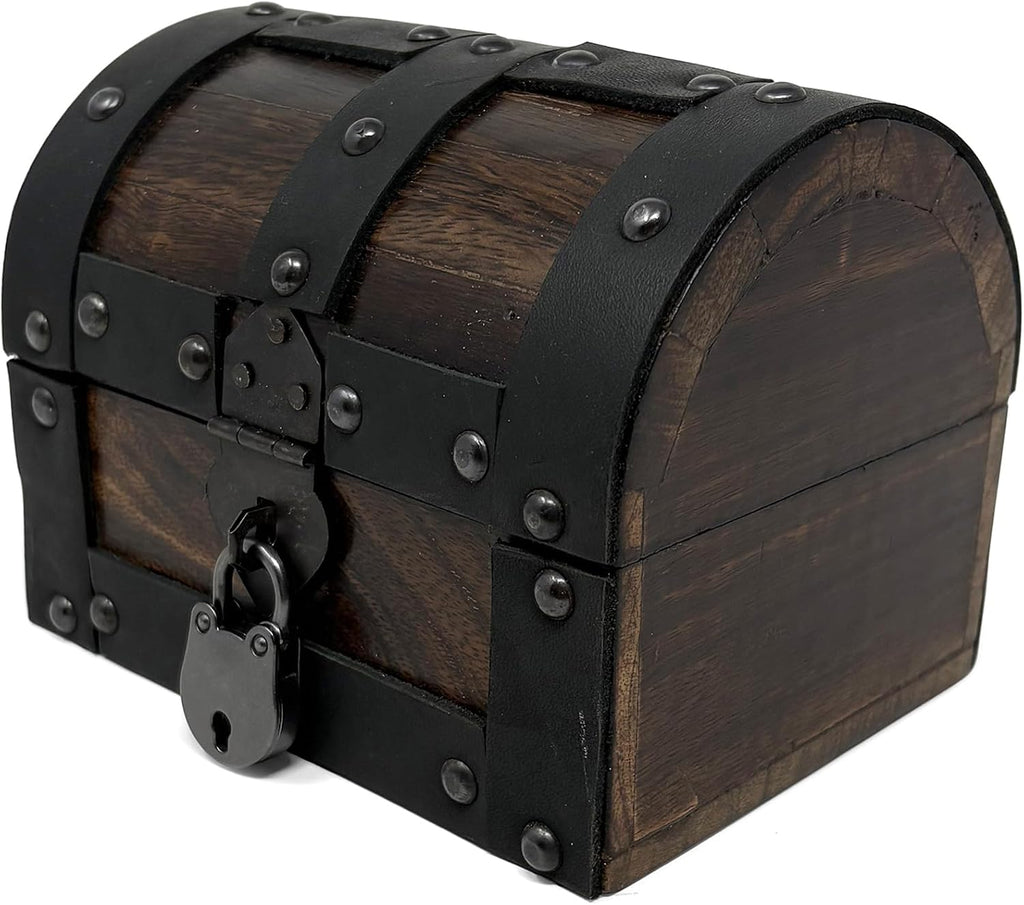 Nautical Cove Handmade Wooden Treasure Chest Storage Box – Deluxe Design with Real Leather Accents, Working Iron Lock & Skeleton Keys, Decorative Keepsake Chest (X-Small - 5.5 x 4 x 4)