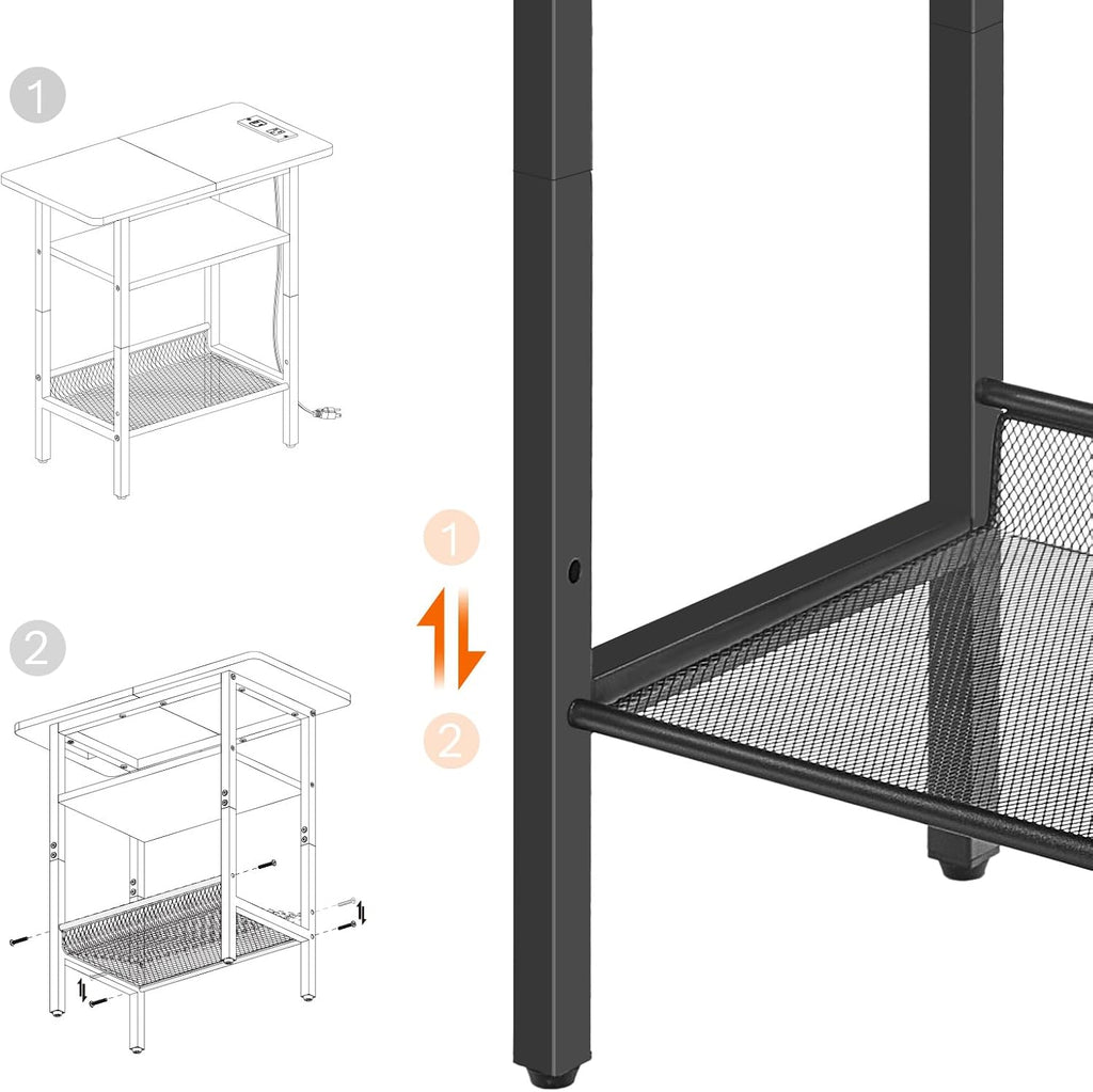 HOOBRO Side Table, Narrow End Table with Shelf and Charging Station, 3-Tier Bedside Tables with Wide Storage Tabletop for for Small Spaces, Living Room, Bedroom, Rustic Brown and Black BF366UBZ01