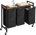 HOOBRO Laundry Sorter 3 Section, Laundry Hamper with Wheels, 3 × 11.5 Gal (43.5 L), Rolling Laundry Basket, Pull-Out and Removable Oxford Fabric Laundry Bags, Rustic Brown and Black BF76XY01