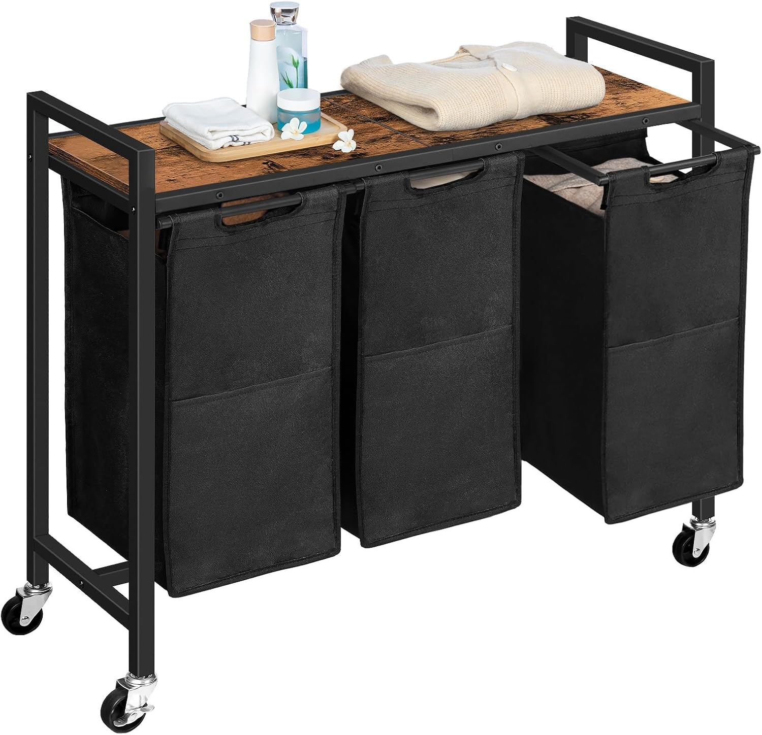 HOOBRO Laundry Sorter 3 Section, Laundry Hamper with Wheels, 3 × 11.5 Gal (43.5 L), Rolling Laundry Basket, Pull-Out and Removable Oxford Fabric Laundry Bags, Rustic Brown and Black BF76XY01