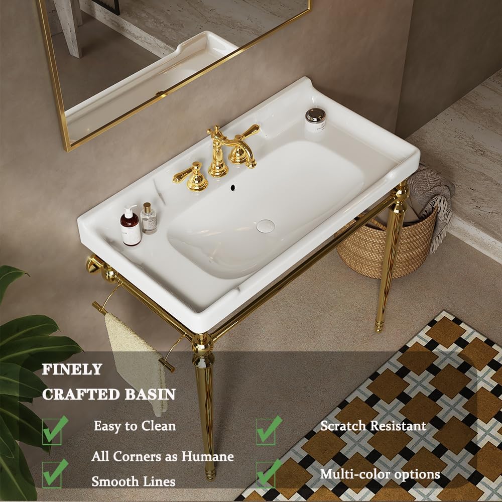 28" Bathroom Console Sink, Wall-Mounted White Ceramic Vanity Basin with 3 Pre-drilled Faucet Holes, Freestanding Gold Stainless Steel Support Legs with Towel Bar, No Faucet - Rome, White