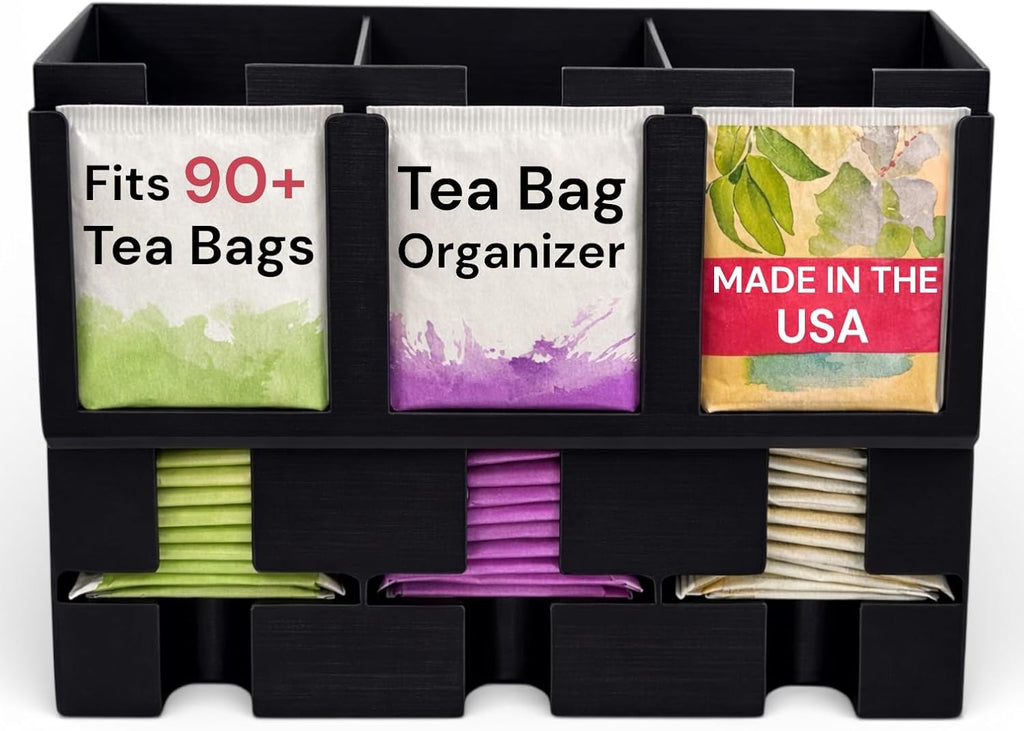Tea Bag Organizer – 3 Compartment Tea Bag Holder & Dispenser, Holds 90+ Tea Bags, Tea Storage Organizer for Countertop, Cabinet, Coffee Bar or Kitchen - Made In The USA