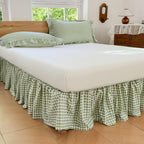 Green Gingham Wrap Around Ruffled Bed Skirt with Lace Decor, Plaid Grid Adjustable Elastic Dust Ruffles for Queen Bed, 15 Inch Drop Farmhouse Cottage Pleated Bed Frame Cover(Green Gingham, Queen)