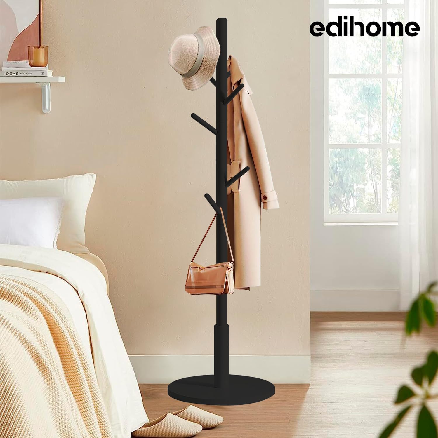 Coat Stand with Round Base, Freestanding Coat Rack with 8 Hooks, 172 x 38 x 38 cm, Wooden Hall Tree for Coats, Hats, Jackets, Bags & Umbrellas, Entryway, Hallway, Bedroom, Office (Black)