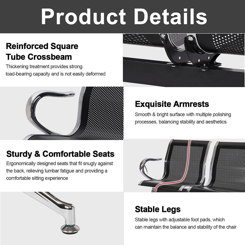 kinbor Waiting Room Chair - Guest Reception Chairs Waiting Bench with Armrests for Clinic Airport Bank Salon Barber Waiting Area, Black 3 Seat