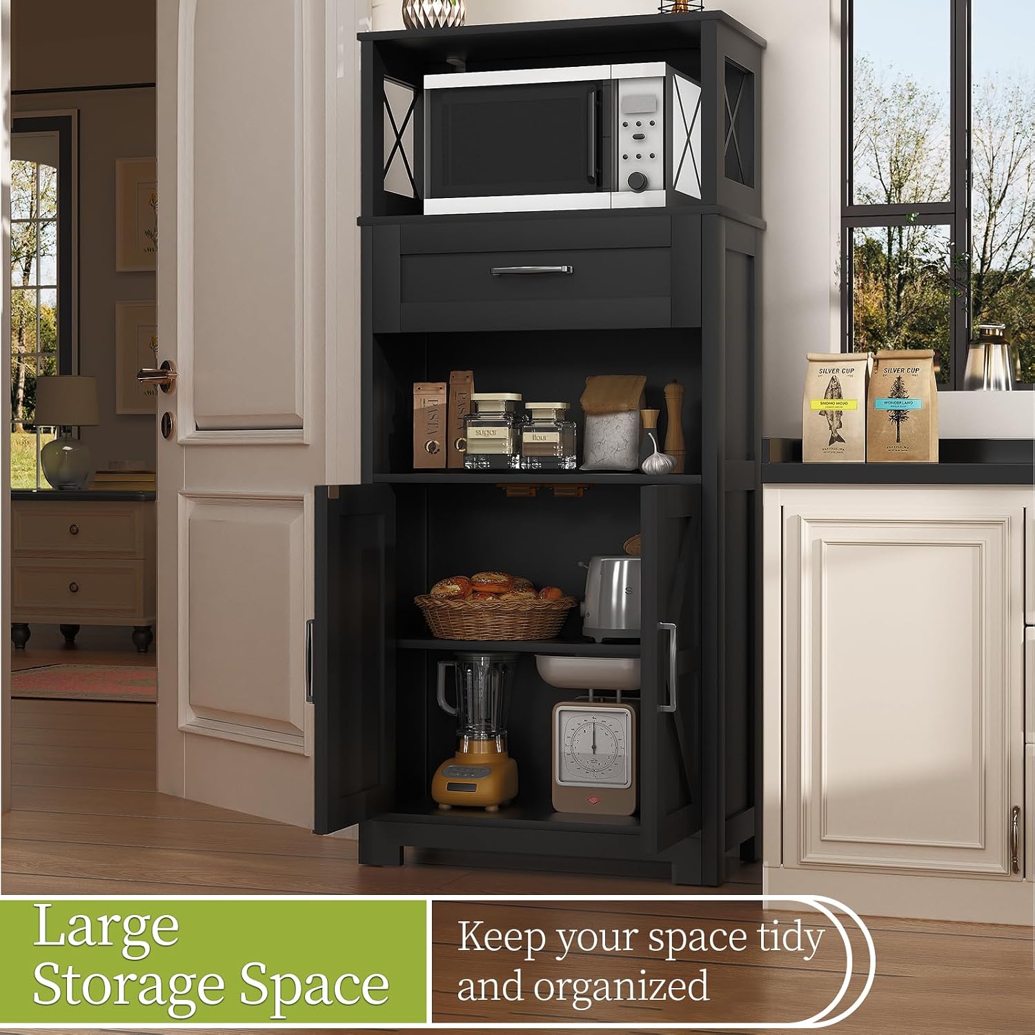 kepptory 55" Tall Farmhouse Kitchen Pantry Cabinet, Rustic Wood Storage Cupboard with Doors, Shelves & Drawer, Ash Grey for Kitchen & Dining Room