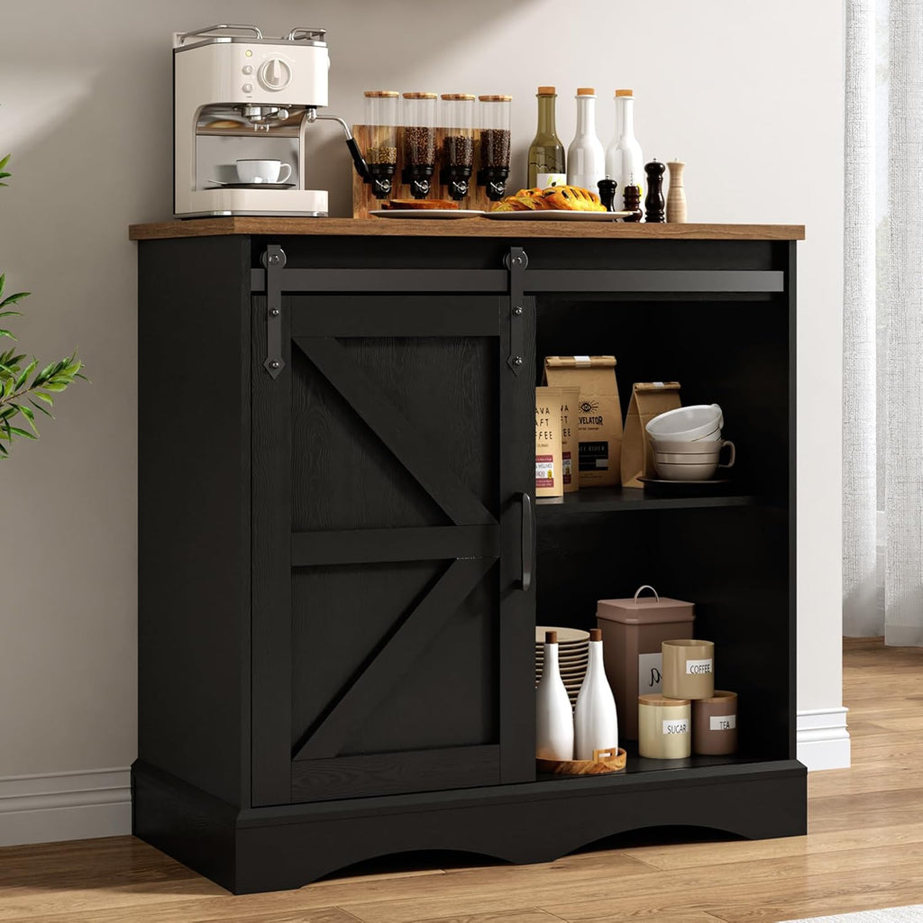 HOMFAMILIA 31.5" H Farmhouse Coffee Bar Cabinet w/Storage, White Kitchen Coffee Station with Sliding Barn Door, Rustic Buffet Cabinet with Adjustable Shelves, for Kitchen, Living Room, Black