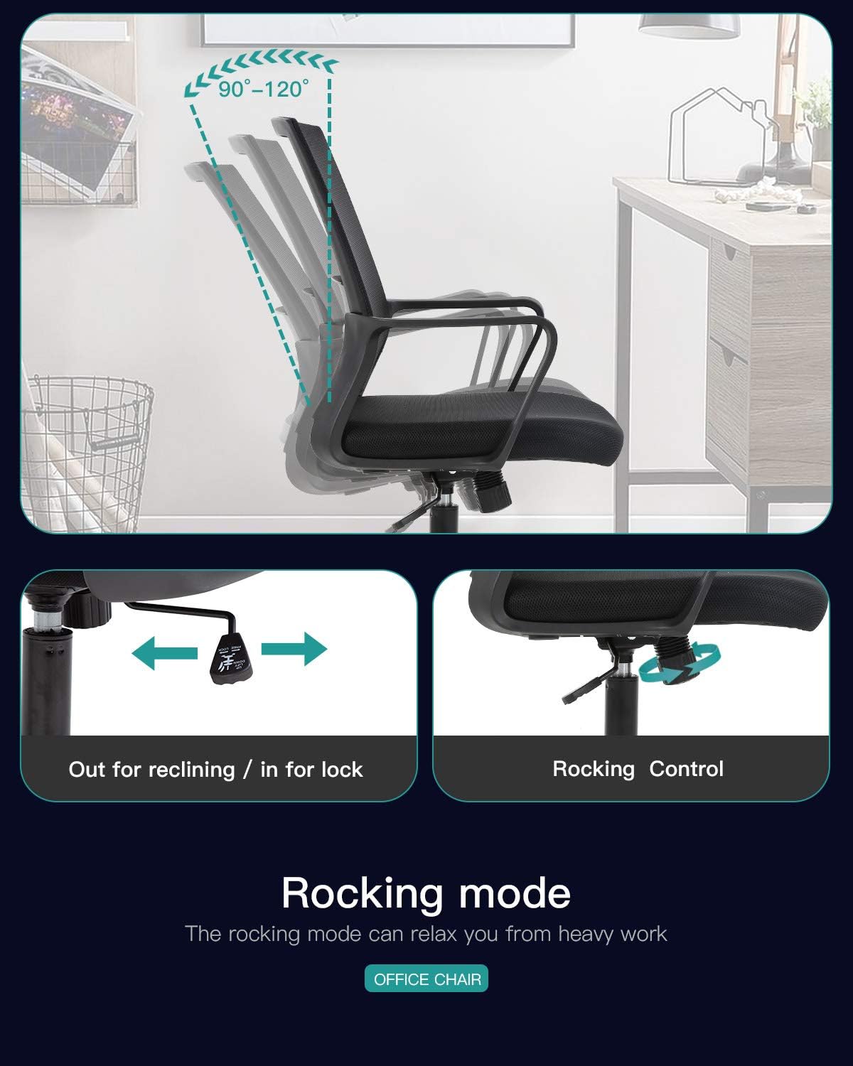 Office Chair Ergonomic Desk Chair Mid Back Computer Chair with Lumbar Support Armrests Breathable Mesh Height Adjustable Chair Rolling Swivel Chairs for Home Office,Black