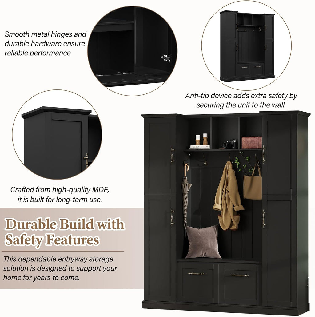 JIVOIT Farmhouse Hall Tree with 4 Side Cabinets, Adjustable Shelves & Open Cubbies, All-in-One Mudroom Furniture, Beadboard Entryway Bench with Coat Rack & 5 Hooks for Hallway (Black,152)