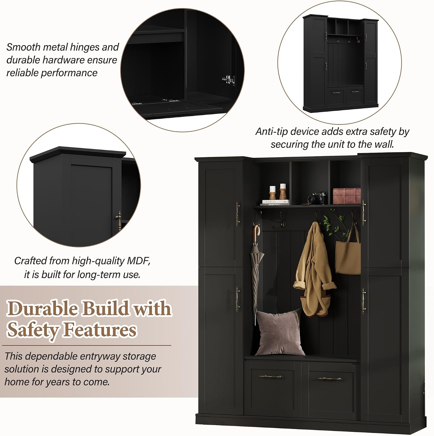 JIVOIT Farmhouse Hall Tree with 4 Side Cabinets, Adjustable Shelves & Open Cubbies, All-in-One Mudroom Furniture, Beadboard Entryway Bench with Coat Rack & 5 Hooks for Hallway (Black,152)