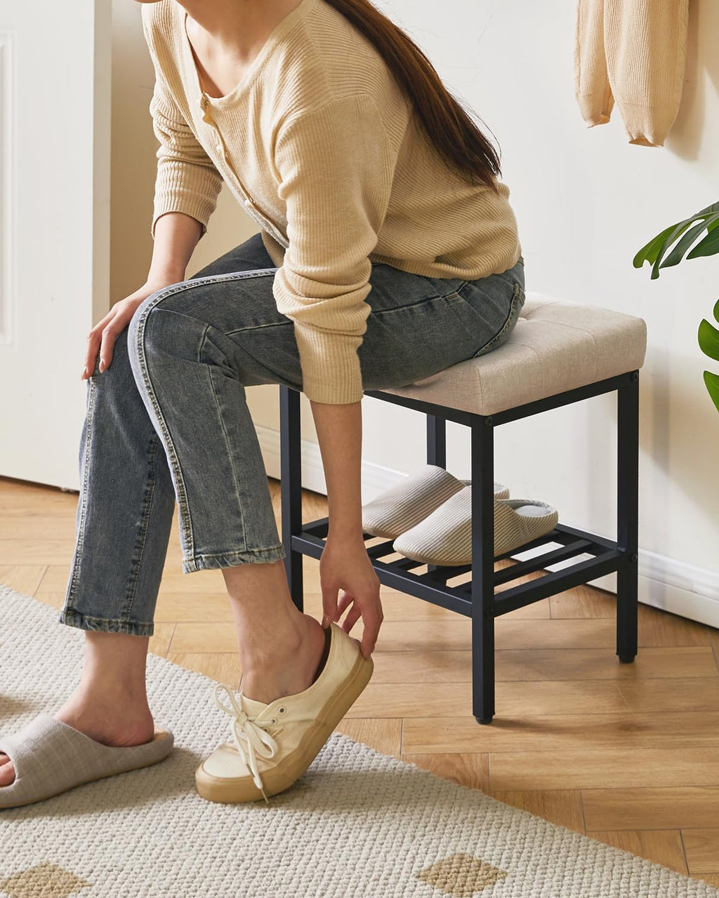 IBUYKE Rectangular Makeup Stool with Adjustable Feet and Storage Space, Footrest Chair, Linen Seat Vanity Stool, Multi-Use as Small Side Table or Ottoman, for Bedroom, Linen WBD017Y