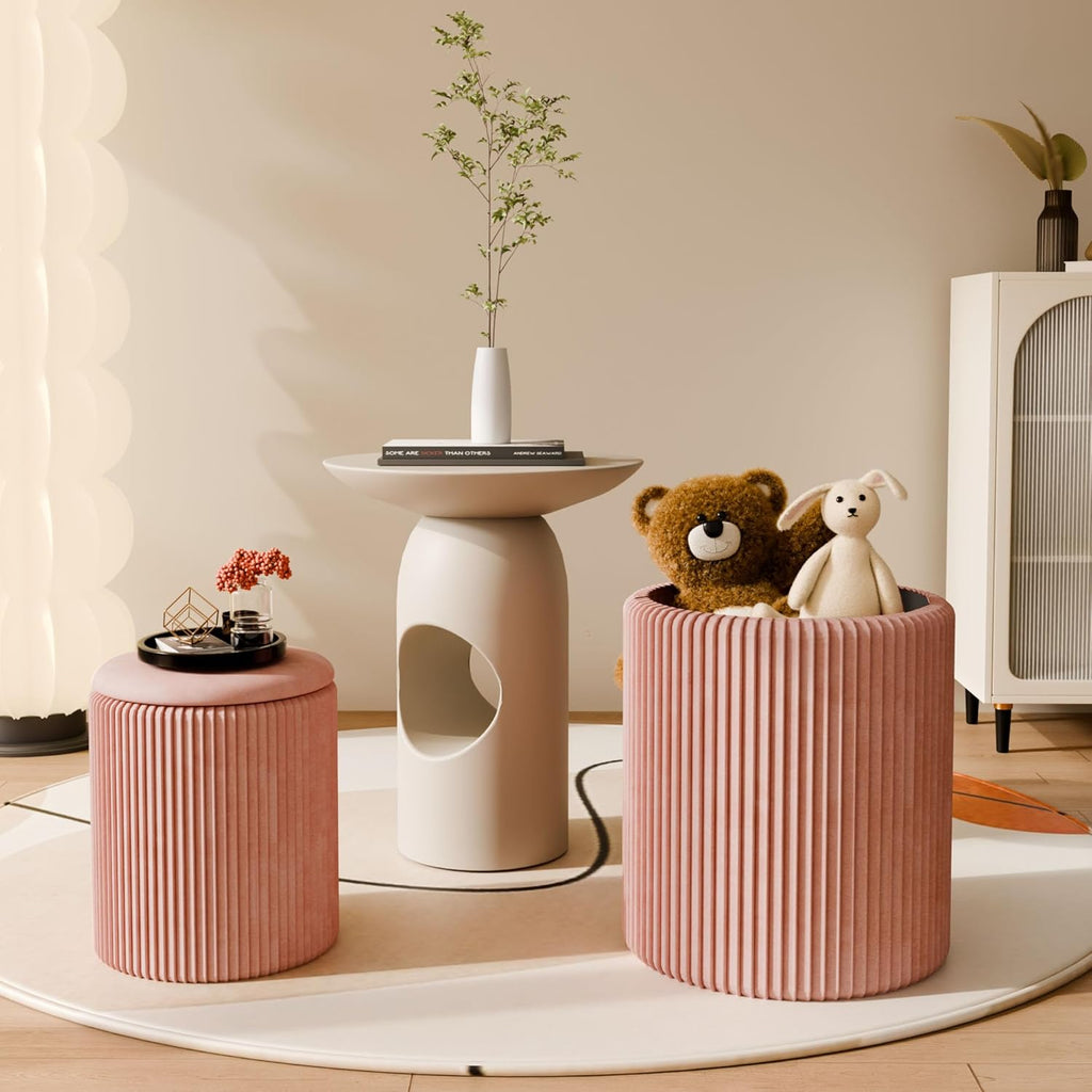 Ottoman with Storage Set of 2, Velvet Round Storage Ottoman, Upholstered Sponge Vanity Stool Support 300lbs, Multifunctional Coffee Table Foot Rest Ottoman for Living Room Bedroom, Pink