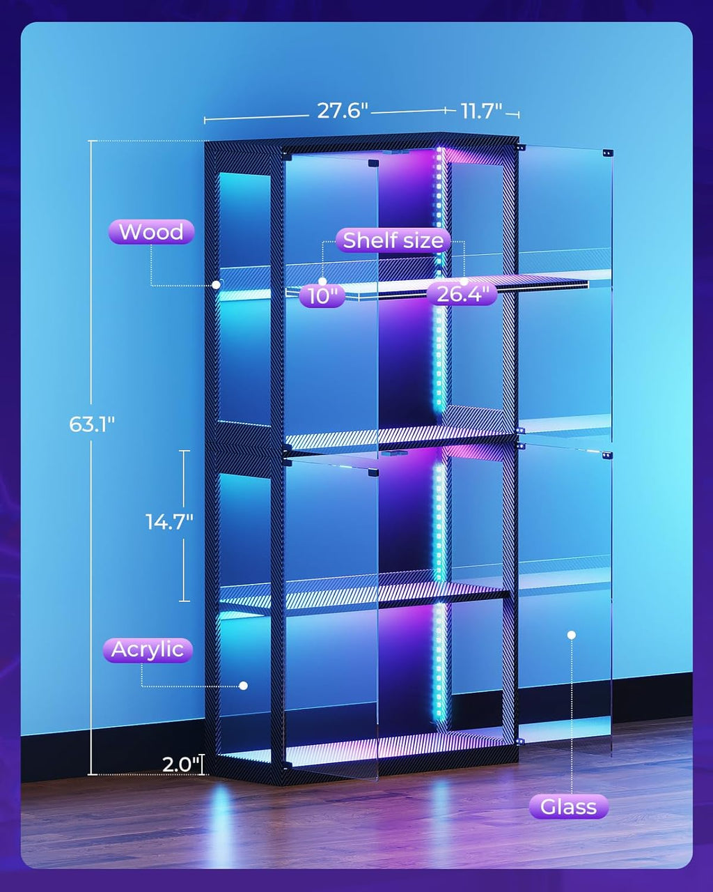 AODK Display Cabinet with Glass Door, 4-Tier Display Case with LED Lights, Display Shelf for Storage, Curio Cabinet for Collectibles, Living Room