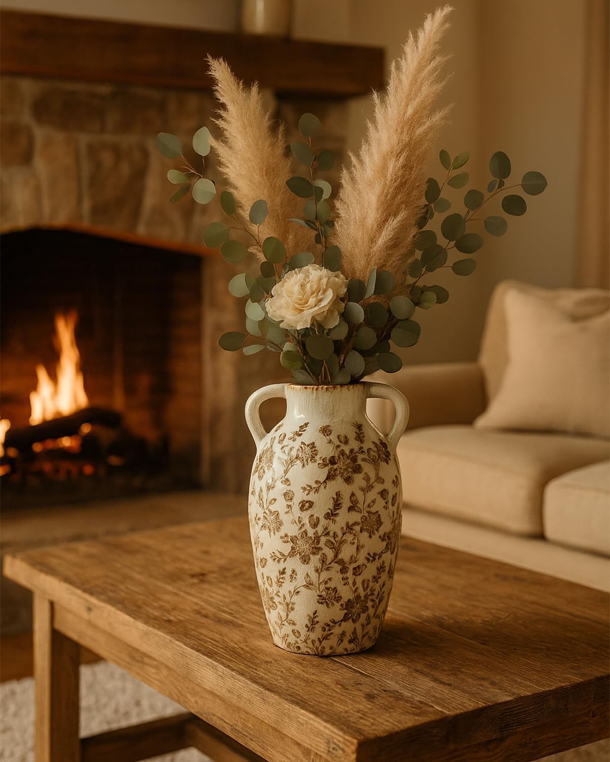 Vintage Ceramic Vase with Handles, 9.45 Inch Crackle Glaze Floral Pattern Vase, Rustic Farmhouse Decorative Flower Vase for Table Centerpieces, Boho & Chinoiserie Home Decor