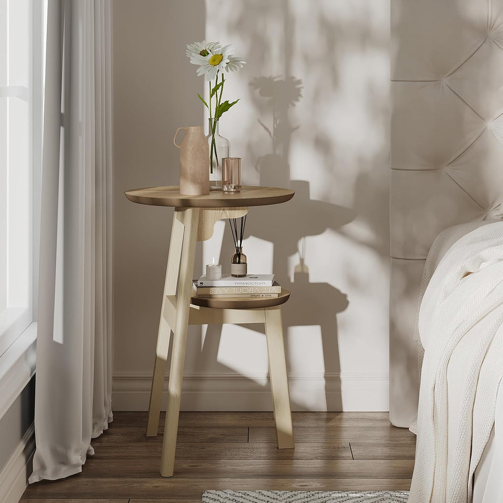 ChooChoo Round End Table for Small Spaces, Narrow Side Table, Accent Table Night Stand with 2 Tier Shelf for Bedroom and Living Room, Natural