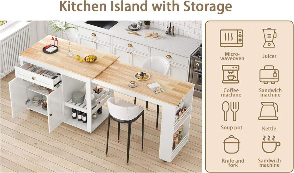 78"-49" Extendable Rolling Kitchen Island with Extended Dining Table, Mobile Kitchen Storage Islands with Storage Drawers, 2-Tier Storage Shelf, White