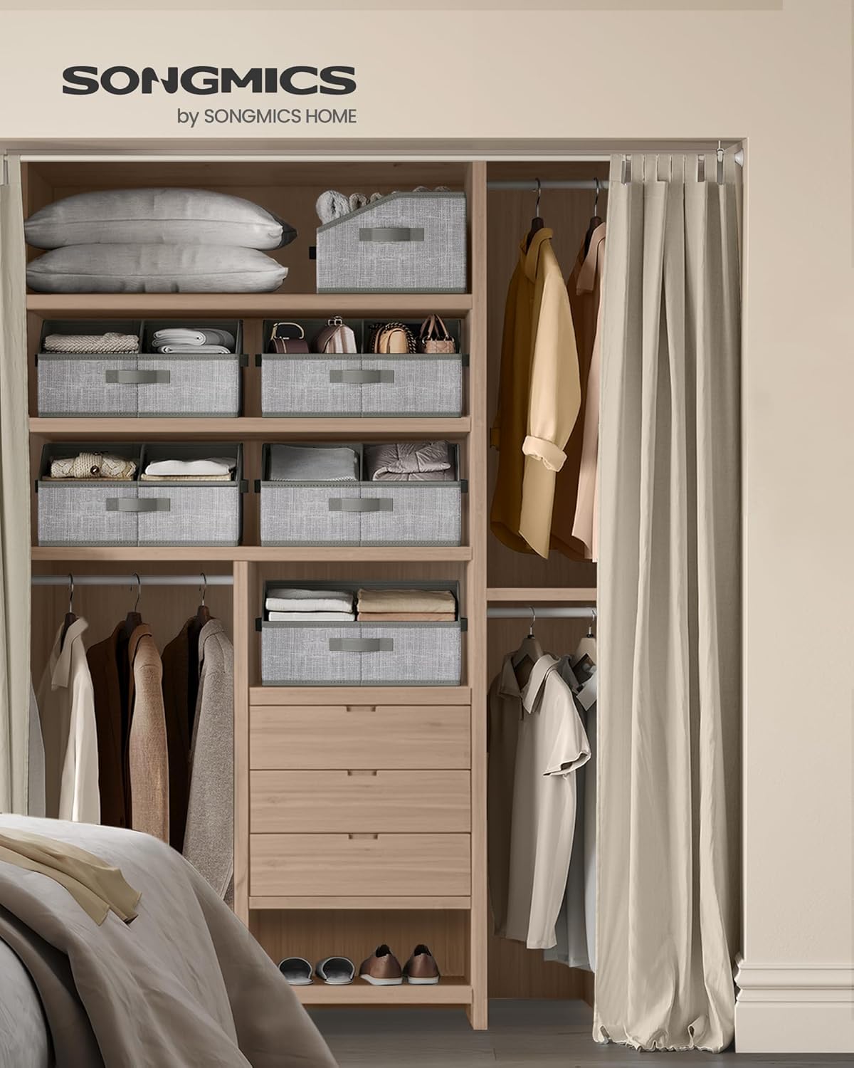 SONGMICS Set of 6 Storage Baskets, Foldable Storage Bins with Removable Dividers, Fabric Boxes, 15.7 x 11.8 x 7.9 Inches, Closet Organizers, 3 Handles, for Living Room, Cattail Gray URFB0140G01