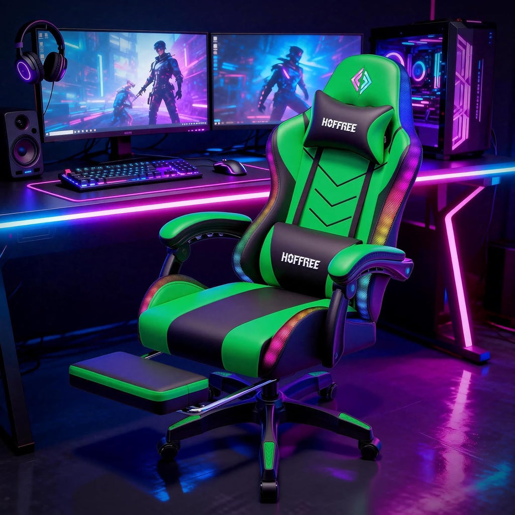HOFFREE RGB Gaming Chair with Speakers Music Rhythm LED Lights Massage Computer Chair Video Game Chairs for Adults High Back Gamer Chair with Footrest & Lumbar Support Green