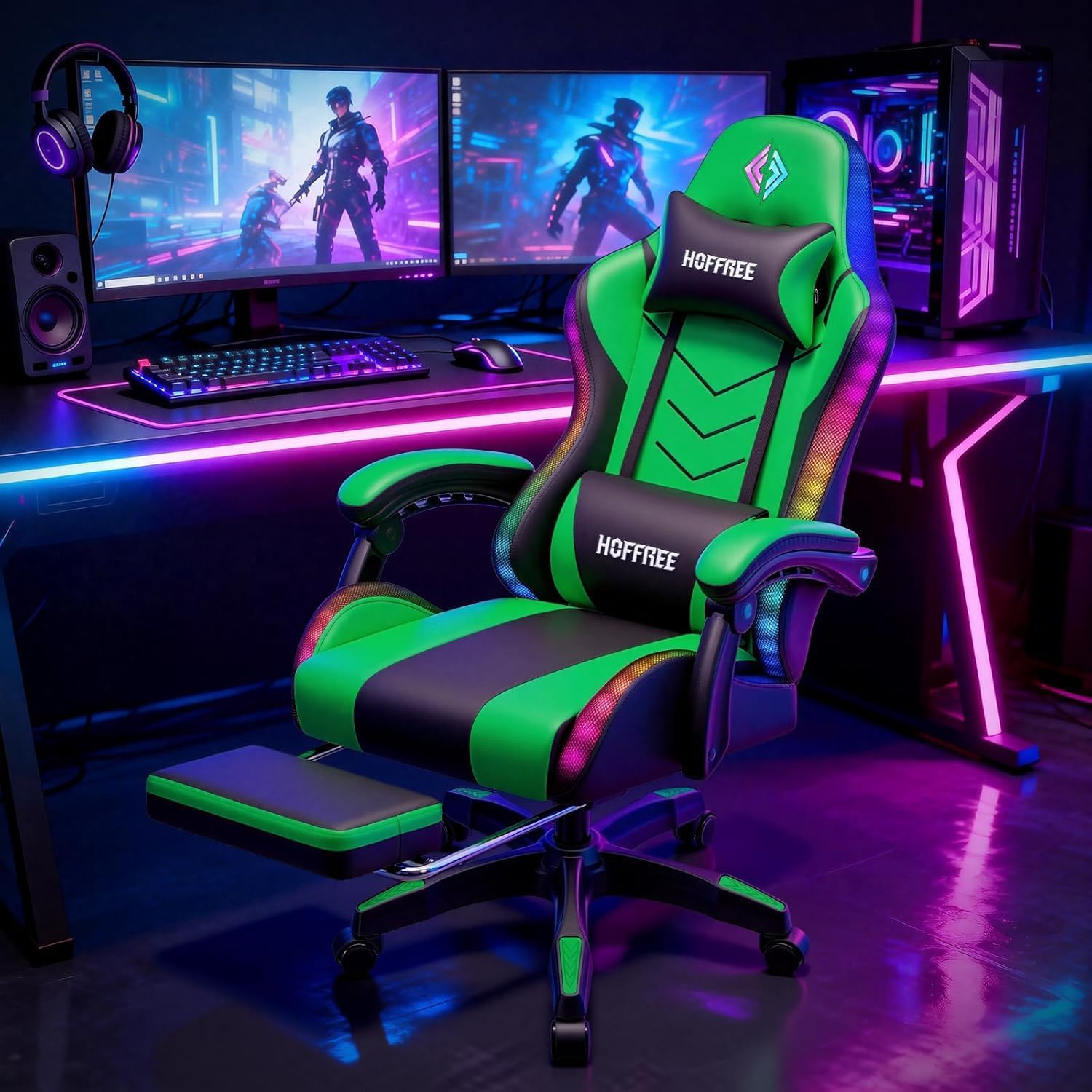 HOFFREE RGB Gaming Chair with Speakers Music Rhythm LED Lights Massage Computer Chair Video Game Chairs for Adults High Back Gamer Chair with Footrest & Lumbar Support Green