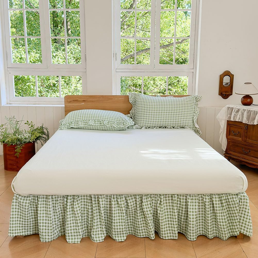 Green Gingham Wrap Around Ruffled Bed Skirt with Lace Decor, Plaid Grid Adjustable Elastic Dust Ruffles for Queen Bed, 15 Inch Drop Farmhouse Cottage Pleated Bed Frame Cover(Green Gingham, Queen)