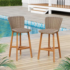 Saiveina Lymington Outdoor Bar Stool, Teak Finished Wood with Light Brown Wicker, Set of 2