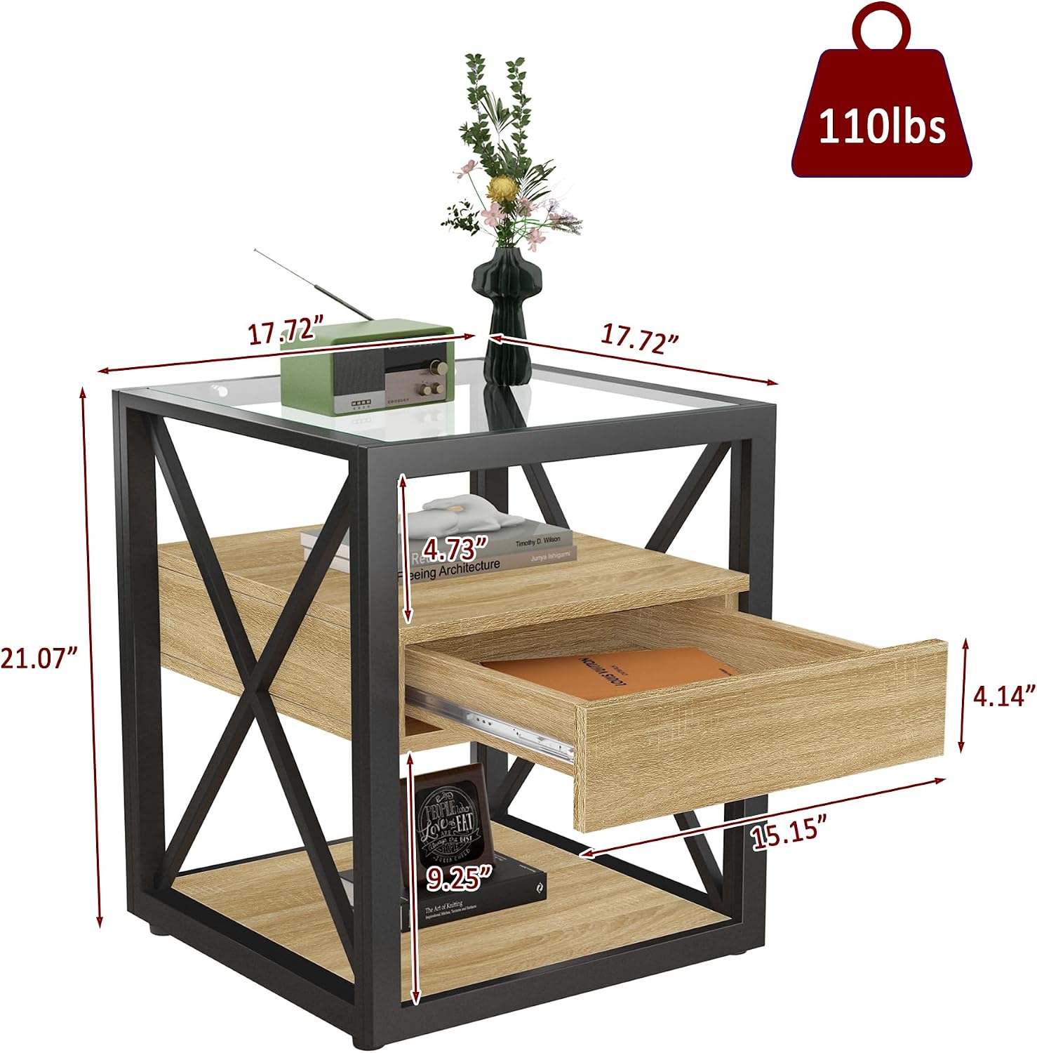 Bellemave 1 piece Small End Table with Drawer, Nightstand for Bedroom & Living Room, Wood MDF &Tempered Glass, Metal Frame, Industrial Style Side Table,Easy Assemble, Natural