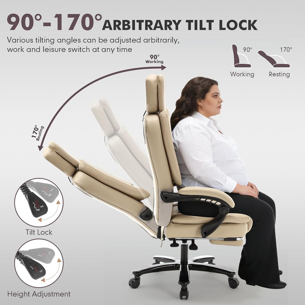 500lbs Plus Size Office Chair with Lumbar Support, PU Leather Big and Tall Heavy Duty Reclining Office Desk Chair with Foot Rest,Beige