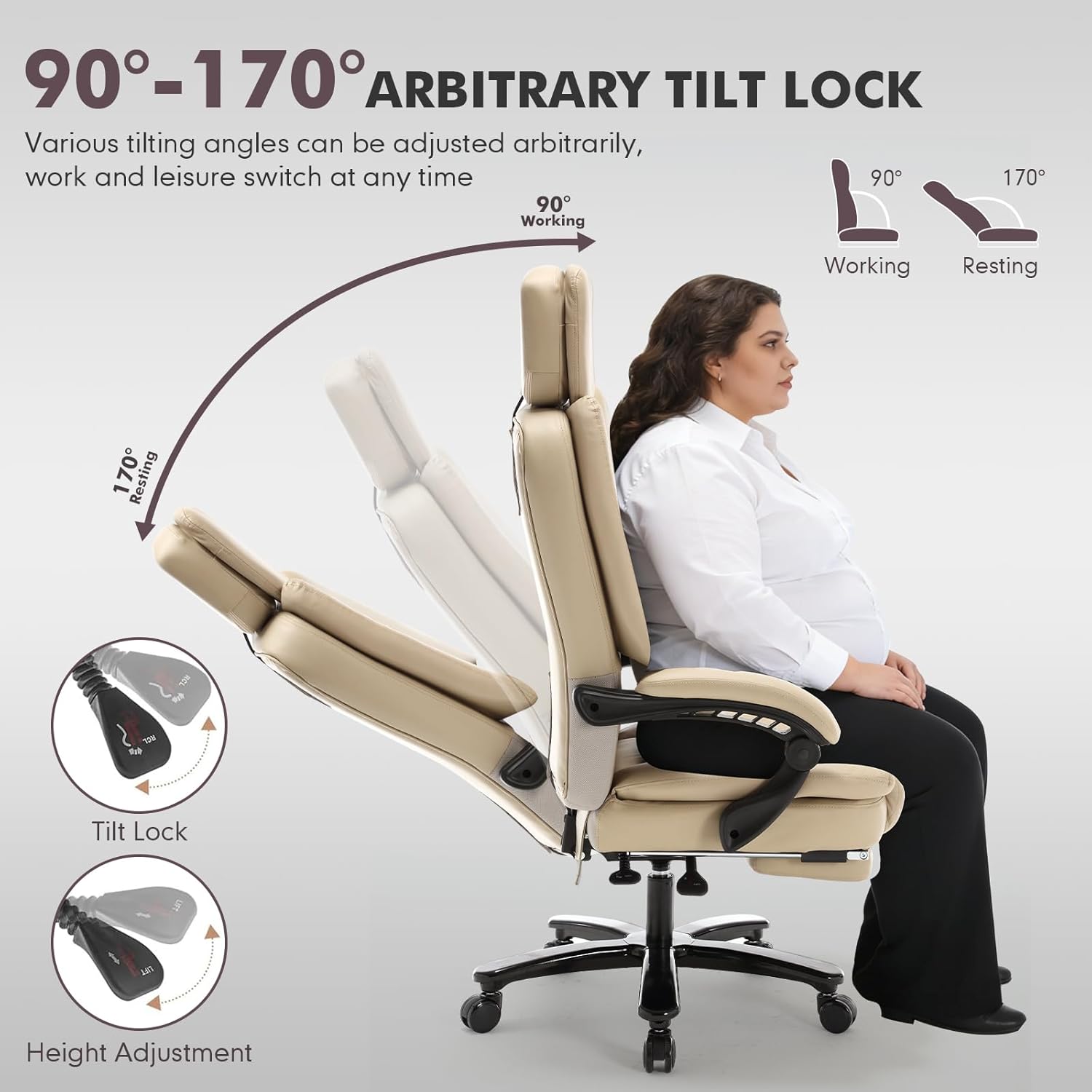 500lbs Plus Size Office Chair with Lumbar Support, PU Leather Big and Tall Heavy Duty Reclining Office Desk Chair with Foot Rest,Beige