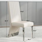 AUZ White Leather Dining Chairs Set of 6, White and Silver Upholstered Dining Room Chairs with Nailhead Trim High Back, Modern Dining Chair with Polished Silver Metal Legs