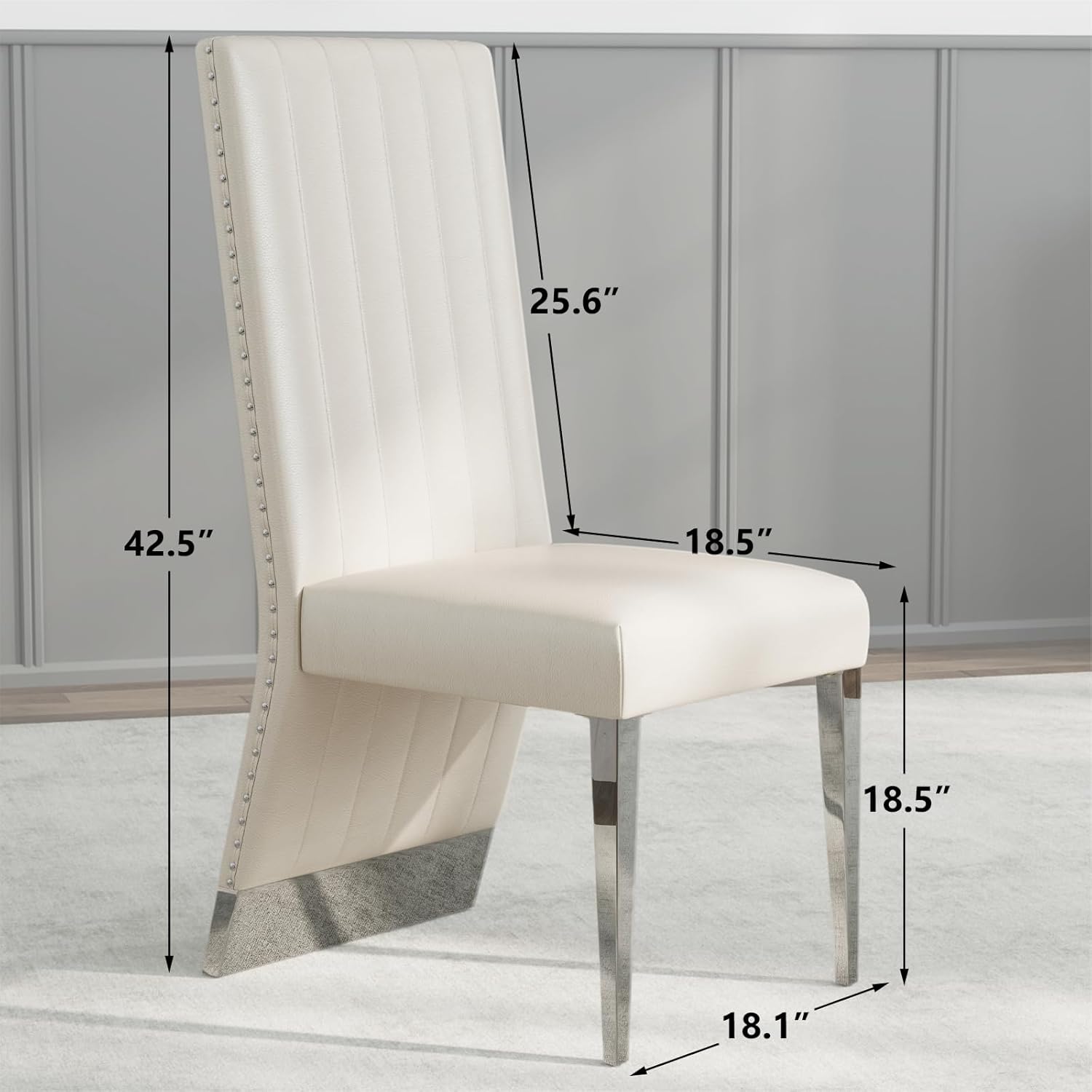 AUZ White Leather Dining Chairs Set of 6, White and Silver Upholstered Dining Room Chairs with Nailhead Trim High Back, Modern Dining Chair with Polished Silver Metal Legs