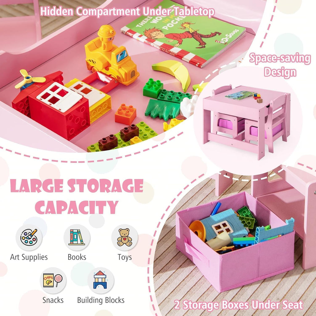 LDAILY Kids Table and Chairs, 3 in 1 Wooden Kids Table with Storage Drawer, Removable Blackboard, Reversible Tabletop, Toddler Table and Chair Set for Drawing, Reading (Pink)