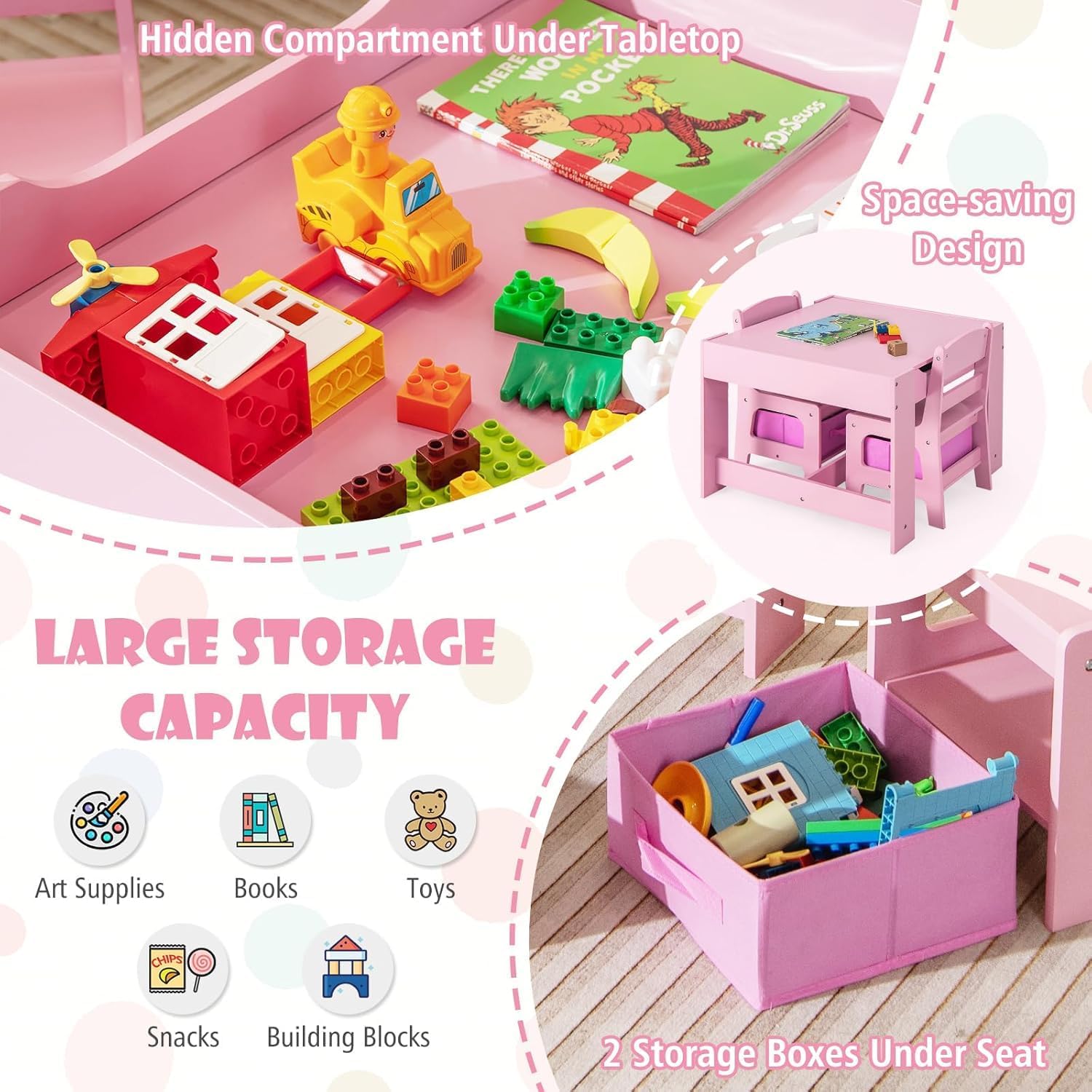LDAILY Kids Table and Chairs, 3 in 1 Wooden Kids Table with Storage Drawer, Removable Blackboard, Reversible Tabletop, Toddler Table and Chair Set for Drawing, Reading (Pink)