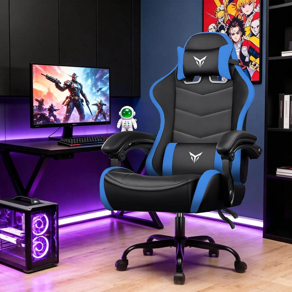 EXRACING Gaming Chair, Ergonomic Computer Chair 350lbs High Back for Adults, Height Adjustable Video Game Chair with Headrest and Lumbar Support, 360° Swivel, PU Leather, Linkage Armrest, Blue