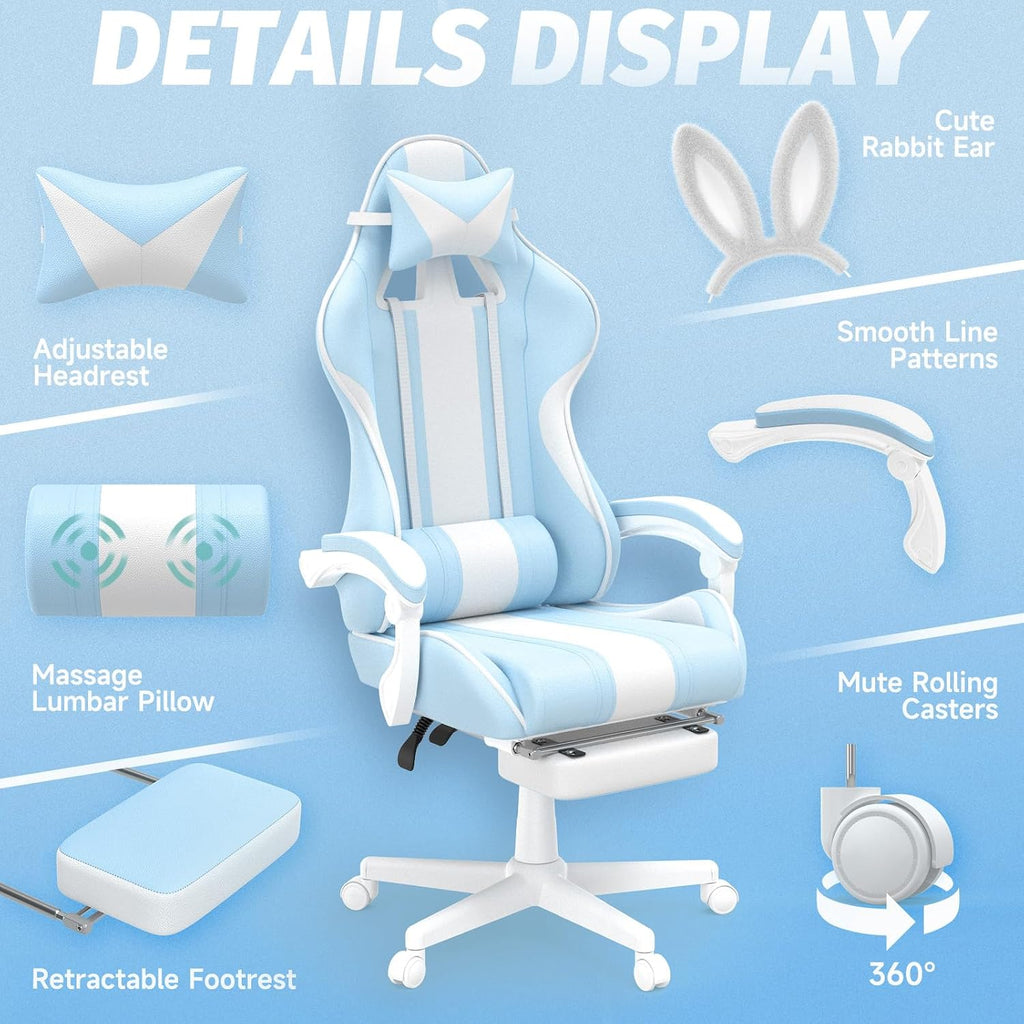 Ferghana Kawaii Bunny Ears Gaming Chair, Cute Gamer Chair with Footrest and Massage, Leather Ergonomic Computer Game Chairs for Girls Adults Teens Kids Light Blue