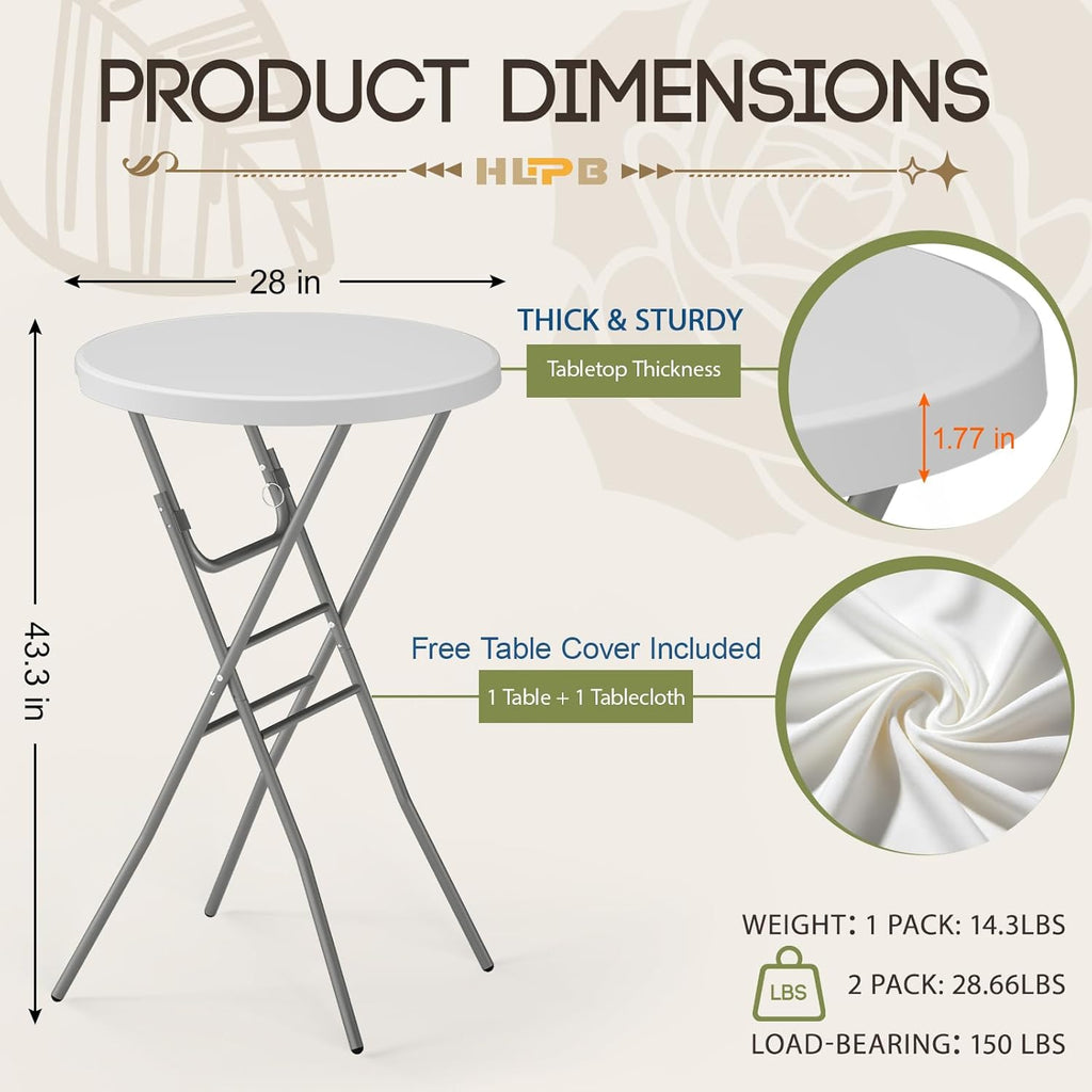 HLPB 28" Round Folding Table with Cover, Foldable Bar Height Table with Removable Legs, Cocktail Table with Handle and Locking Legs for Parties, Patio, Backyard, Wedding, Dining, White