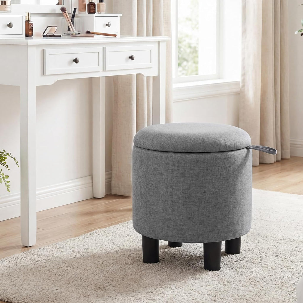 Giantex Round Storage Ottoman, Linen Fabric Upholstered Ottoman Foot Rest with Removable Lid, Small Ottoman Foot Stool for Bedroom Living Room (Gray)
