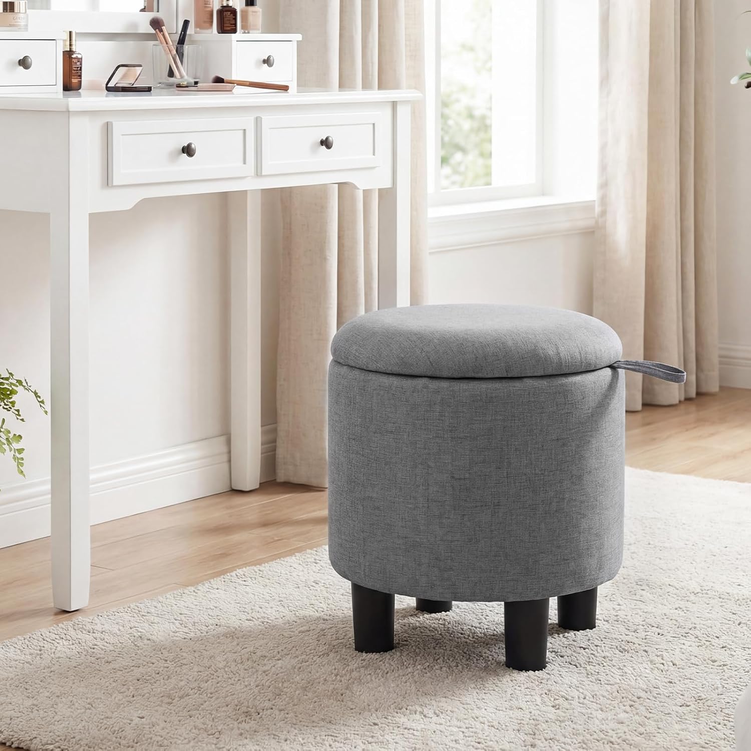 Giantex Round Storage Ottoman, Linen Fabric Upholstered Ottoman Foot Rest with Removable Lid, Small Ottoman Foot Stool for Bedroom Living Room (Gray)