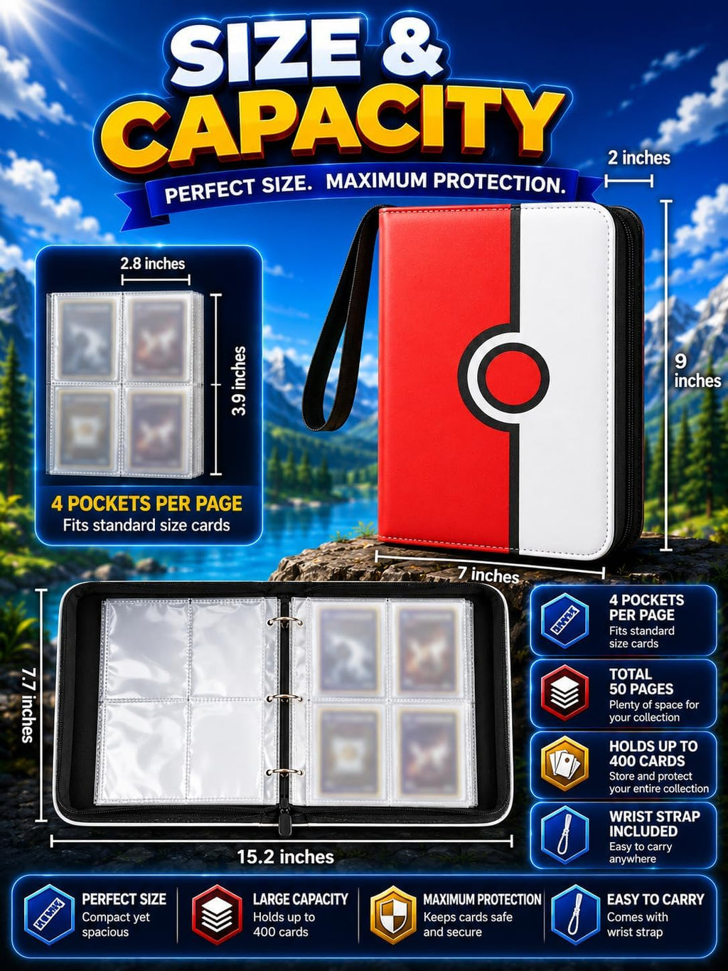Collectible Trading Card Binder, 400 Pockets Card Holder with 50 Removable Sleeves, Portable Collection Binder Album Book Case Storage, Zipper Card Protective Sleeves for TCG, Sports Card