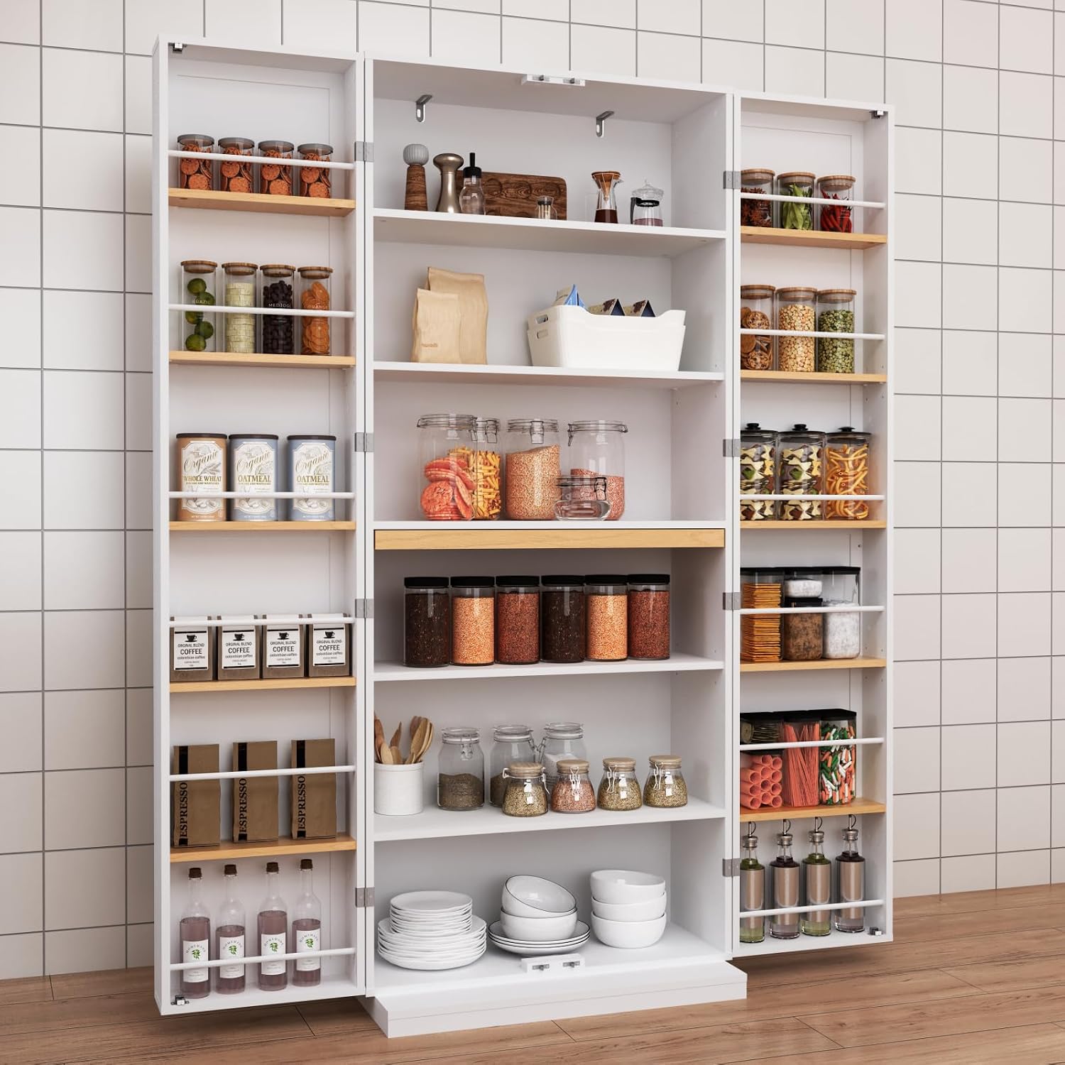 29.9x15.74x71.65Inches White Kitchen Pantry Cabinet, Freestanding Storage Cabinet with Doors & 3 Adjustable Shelves, Buffet Cupboards Sideboard for Kitchen Living Room Dining Room