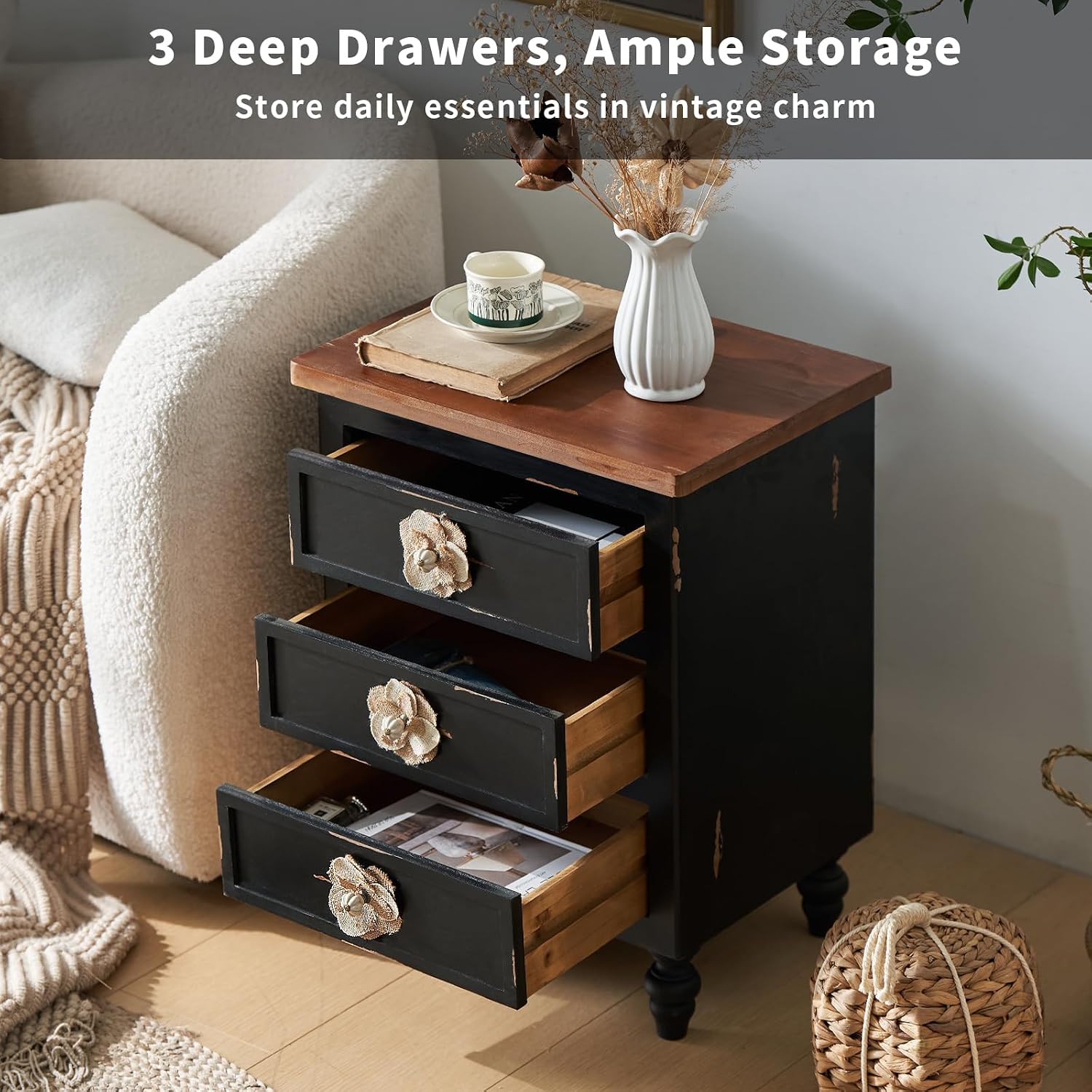 American Country Retro Style Side Table Cabinet, Classic Solid Wood Bedroom Bedside Table, Equipped with Three Drawers, Handcrafted Floral Handles (Antique Black+Walnut)