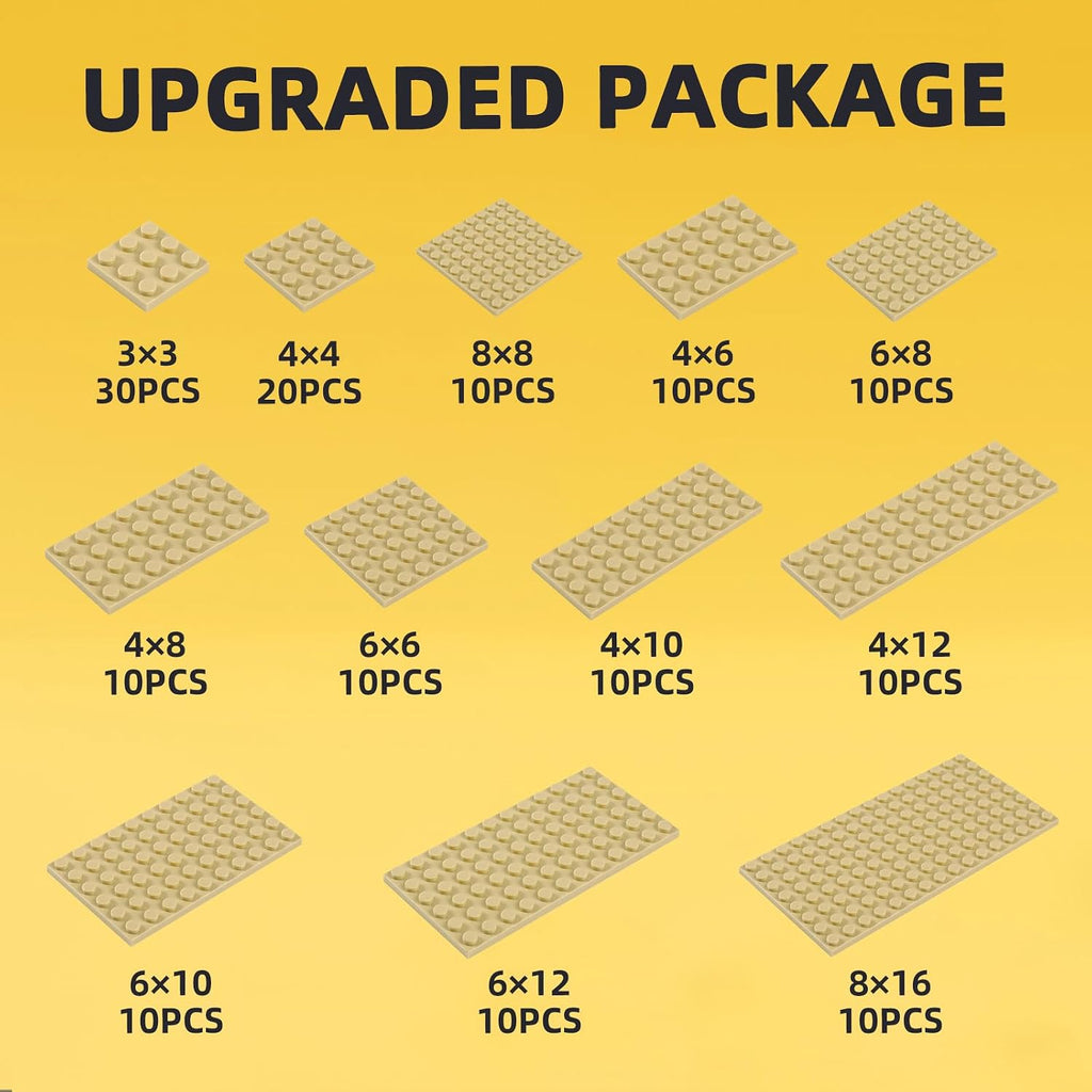150 Pieces Small Base Plate Sets, Classic Flat Pieces for Moc Building, 12 Size DIY Building Boards - Compatible with Lego and All Major Brands, Tan