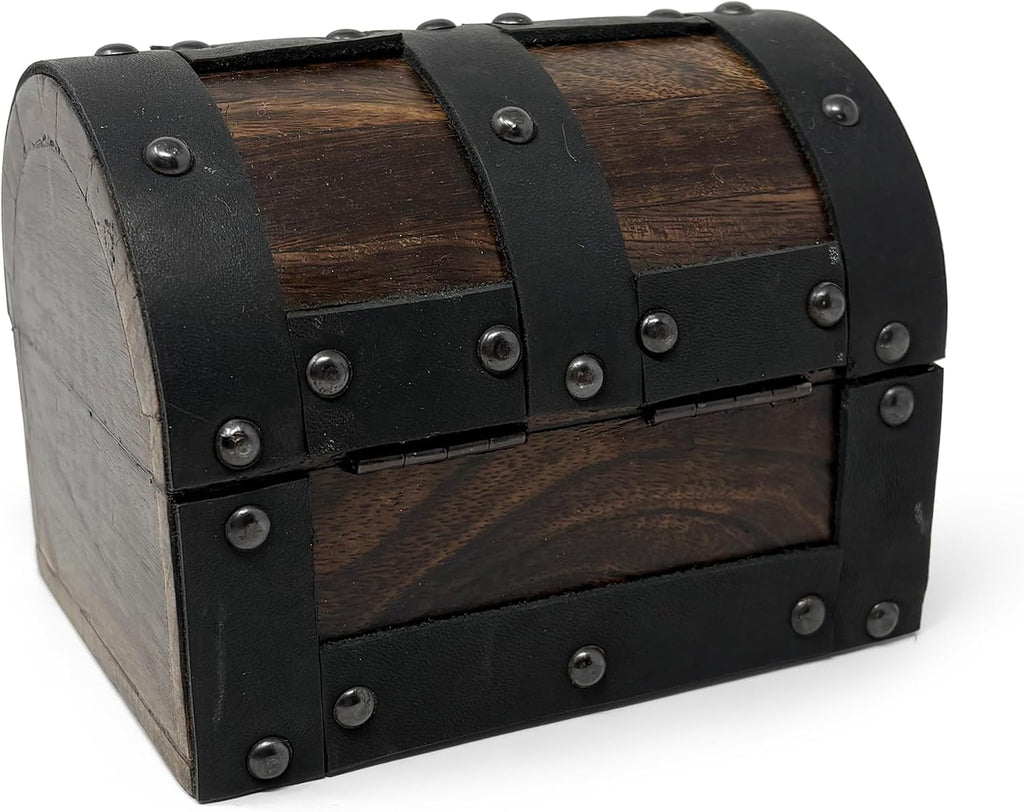 Nautical Cove Handmade Wooden Treasure Chest Storage Box – Deluxe Design with Real Leather Accents, Working Iron Lock & Skeleton Keys, Decorative Keepsake Chest (X-Small - 5.5 x 4 x 4)