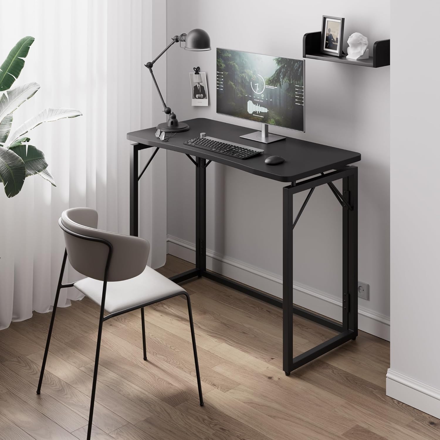 JOYMOOP Black 31.5" Folding Desk, No Assembly Small Foldable Desk for Home, Office, Wooden Top Folding Computer Desk for Working, Writing, Studying